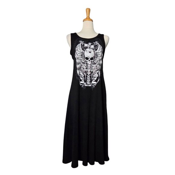 Y2K Grunge Black Winged Skull Ribbed Maxi Dress Women's Size L - Picture 1 of 7